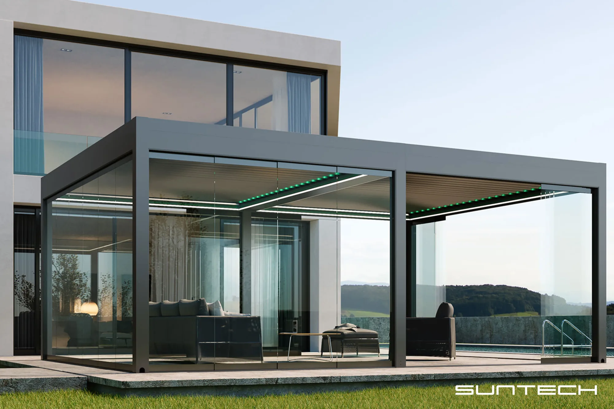 Louvred aluminium roof system over a residential patio