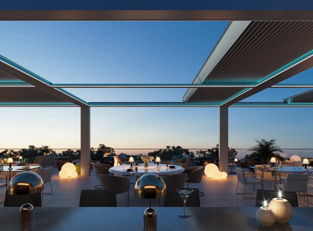 Retractable louvre pergola over an outdoor dining terrace