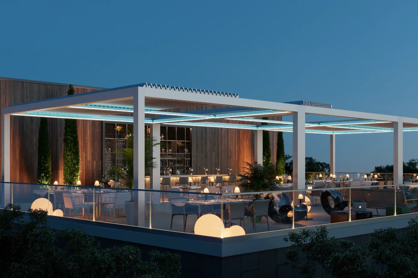 Lit outdoor dining area in the evening