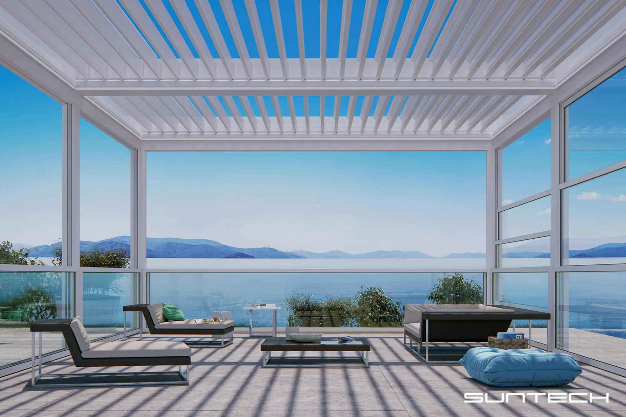 Aluminium bioclimatic pergola with rotating louvres