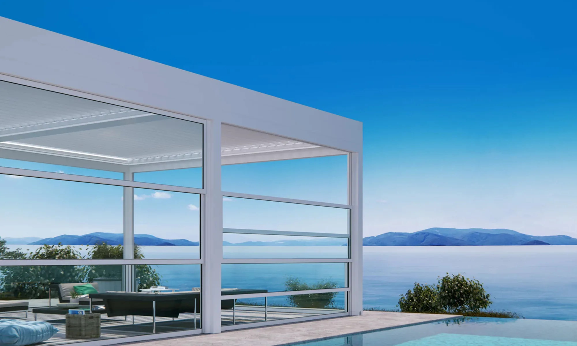 Sliding glass wind panels enclosing a terrace