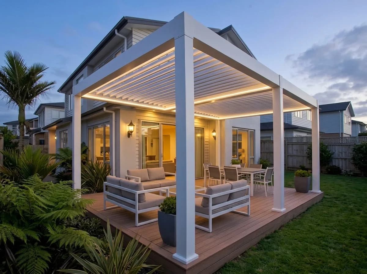 The same deck after a Space Transformers louvre roof, with warm lighting and outdoor furniture at dusk